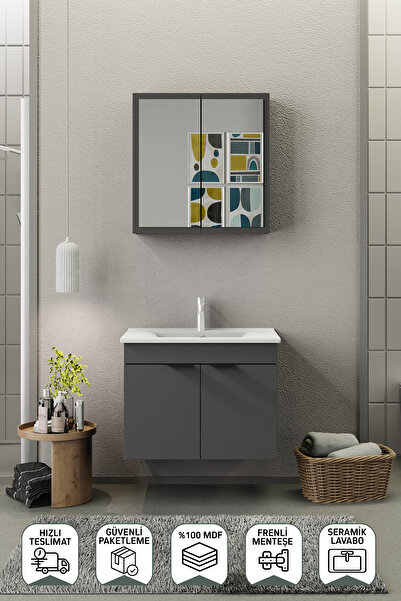 BİANİ FİX Loft 75 Cm Mat Gri Banyo Dolabı