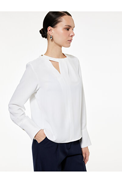 Koton Asymmetrical Collar Long Sleeve Crepe Blouse with Metal Accessories and Window Detail