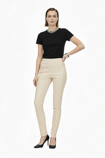 Deriderim Bej Kadın Beli Lastikli Cepsiz Tayt Hakiki Streç Deri Pantolon