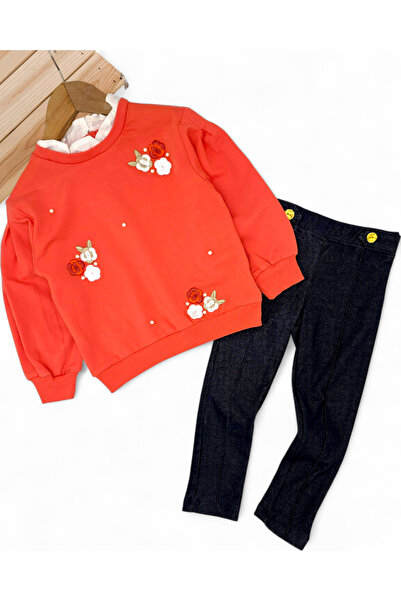 Ege Bebek Girl's Floral Embroidered Collar Detail, Leggings Included, Ages 2-10, Stylish Top and Bottom Set