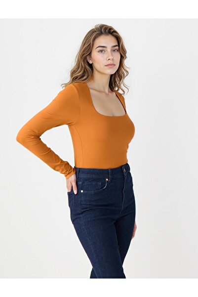 Jimmy Key Karamel Dar Kesim Uzun Kollu Kare Yaka Örme Bluz
