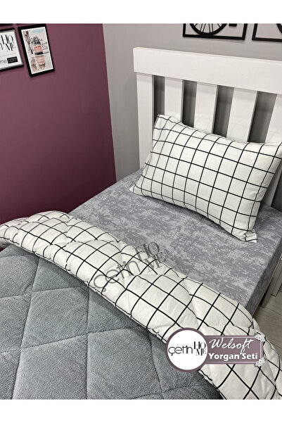 Çetinhome Single Reversible Welsoft Quilt with Pillow Case Soft Surface 155x215cm White Square