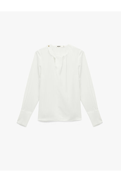 Koton Asymmetrical Collar Long Sleeve Crepe Blouse with Metal Accessories and Window Detail