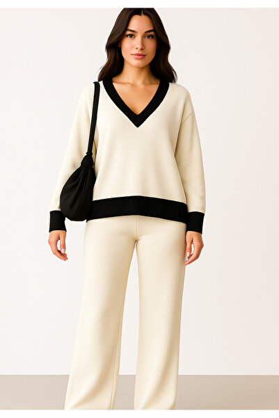 DağdevirenTkstl V-Neck Women's Cream Knitwear Set