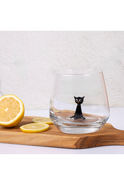 ADAMODART Siyah Oturan Kedi Cam Figürlü Su Bardağı