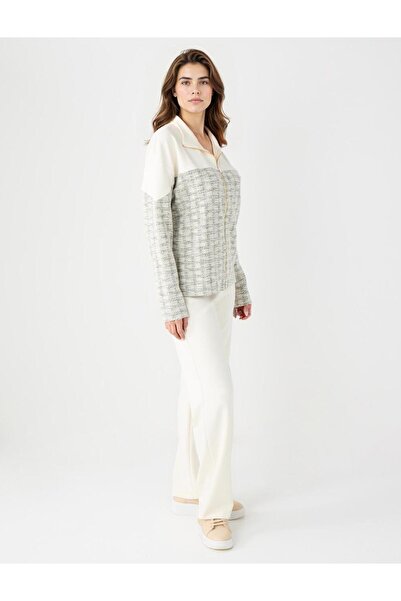 Jimmy Key Ekru Yüksek Bel Bol Paça Örme Modal Pantolon