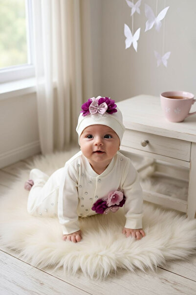 Şeker Tadında Tasarımlar Newborn Baby Girl Romper Set with Stones and Flowers