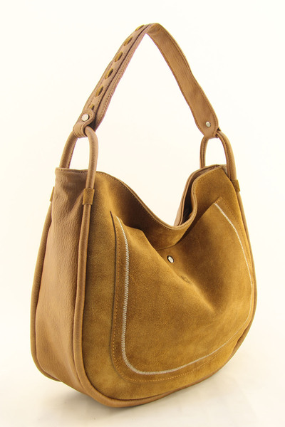 HNB Γυναικεία τσάντα ώμου από γνήσιο σουέτ σε ταμπά χρώμα