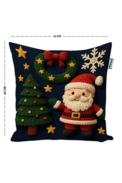 Sakallı Новорічна подушка з синім фоном, з малюнком Діда Мороза і ялинки, з вишивкою в стилі «панч»