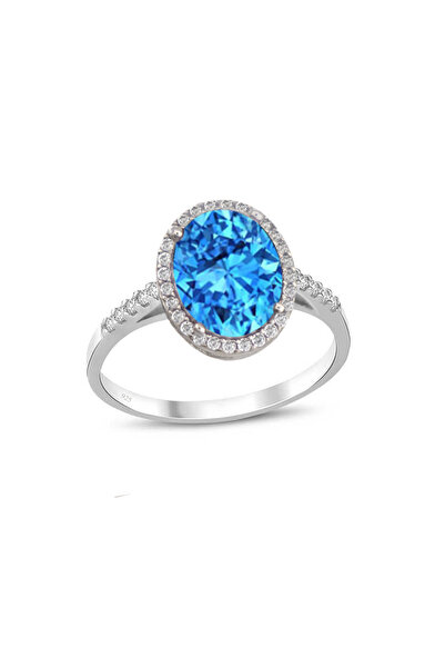 Silveranka 925 Ayar Gümüş Aqua Taşlı Oval Yüzük