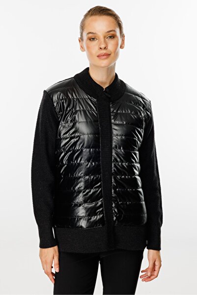 Butik Triko Mutlu ertan women's quilted combination knitwear jacket black 20117