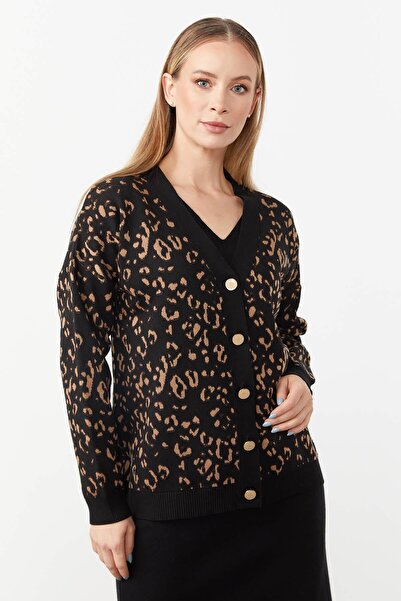 Mutlu Ertan Women's Leopard Print Buttoned Short Cardigan Black - Camel 20093