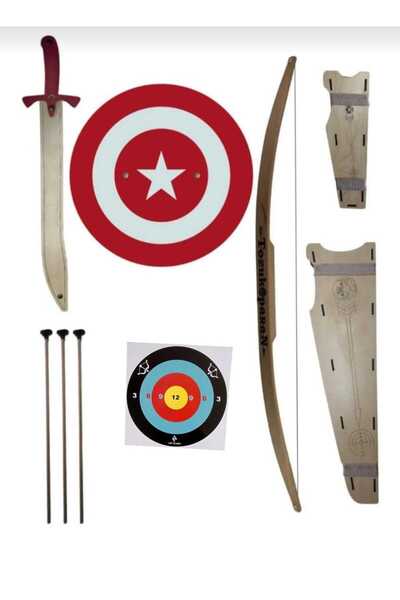 Ahtek Ahşap Oyuncak Silah Seti, Doğal Ahşap Ok Yay + Kalkan + Kılıç + Yay Kın...