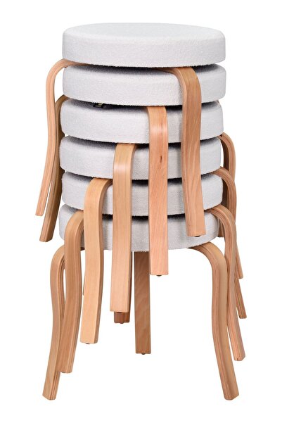 VİLİNZE Ege Teddy Kumaş Naturel Ahşap Ayak Istiflenebilir Mutfak-balkon Tabur...