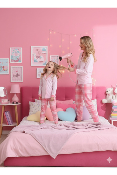 ELİTOL Toz Pembe Ekose Desen Pamuklu Örme Uzun Kol Çocuk Düğmeli Pijama Takımı