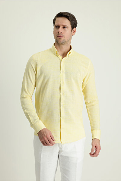 Kiğılı Uzun Kol Slim Fit Dar Kesim Keten Görünümlü Pamuk Spor Düğmeli Yaka Gömlek