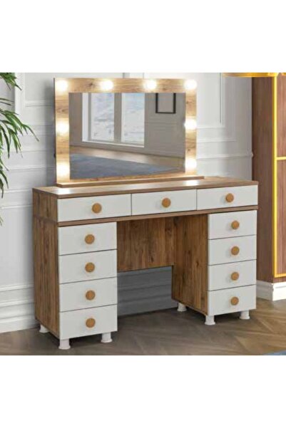 Yuvaset Home KDL Çam - Krem Işıklı Makyaj Masası