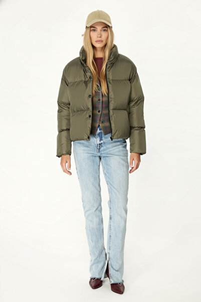QAWWA Kadın Haki Rüzgar Geçirmez Suya Dayanıklı Dolumlu Mont