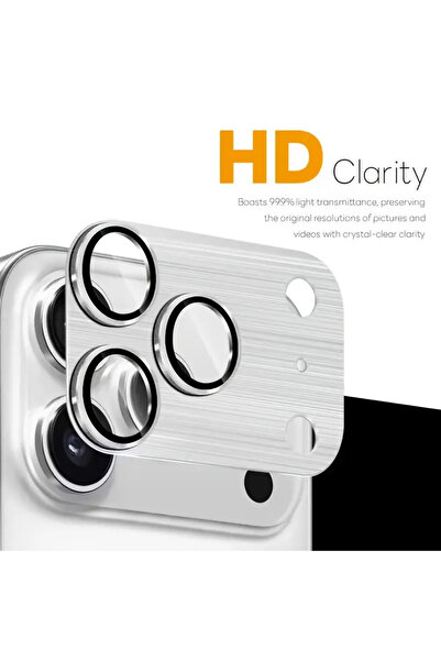 Fibaks iPhone 17 Pro Max Uyumlu Çerçeveli Tam Koruma Gümüş Kamera Lens Koruyucu