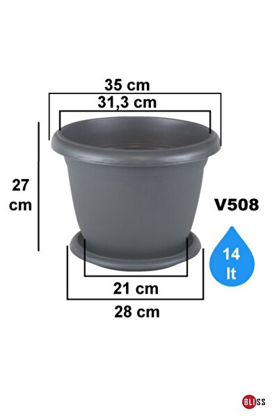 Bliss Antrasit Dekoratif Tabaklı Orta Boy Villa Saksı 14 Lt