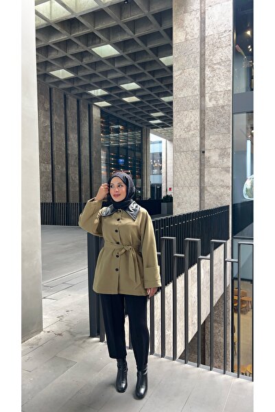 Niessa Butik Deri Yakalı Torino Kumaş Düğme Detaylı Trençkot