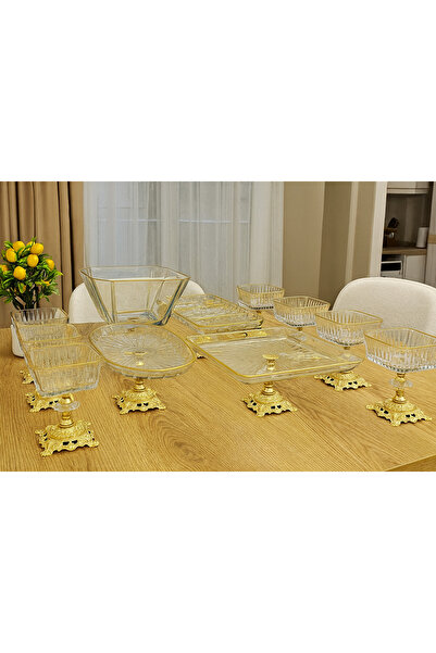 Elta Collection 10 PARCA GOLD METAL AYAKLI PASTA - SALATA - TATLI - KASE VE SERVİS SUNUM SETİ