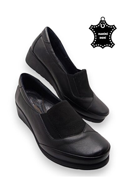 MAGIC SHOES Daily Women's Black Genuine Leather Comfort Full Orthopedic Wedge Heeled Mother Shoes