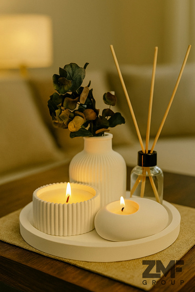 EVLOPİ Dekoratif Tepside 5 Li Set Çizgili Vazo, Vanilya Kokulu Mum, Tealight ...