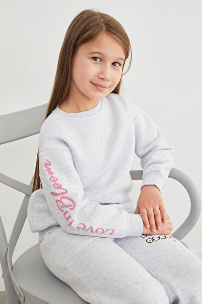 Fulla Moda 3 İplik Kolu Yazı Baskılı Kız Çocuk Sweatshirt