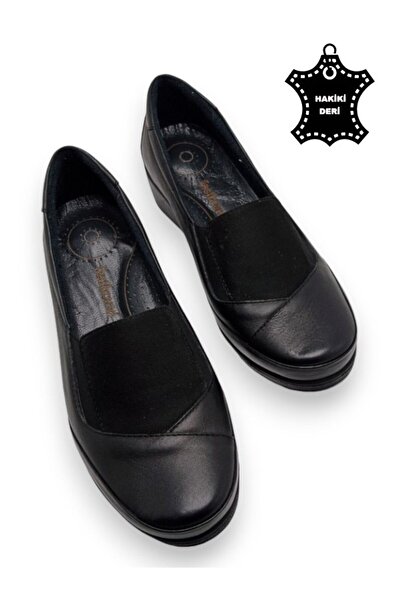MAGIC SHOES Daily Women's Black Genuine Leather Comfort Full Orthopedic Wedge Heeled Mother Shoes