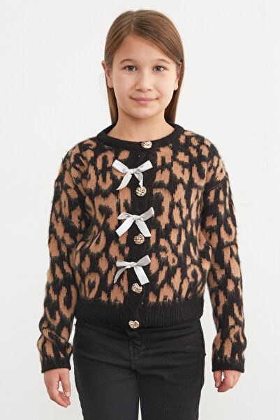 Fulla Moda Leopard Patterned Bowknot Girl's Cardigan