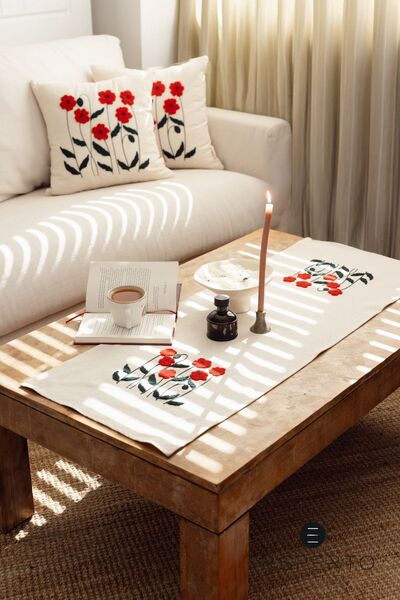 Ersperto Buldan Diaper Poppy Flower Embroidered Runner 40X150Cm