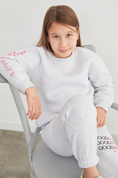 Fulla Moda 3 İplik Kolu Yazı Baskılı Kız Çocuk Sweatshirt