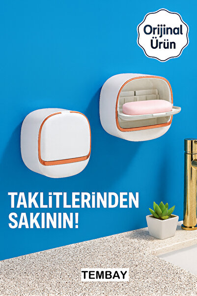 TEMBAY Beyaz Yapışkanlı Modern Sabunluk Kapaklı Kendinden Boşaltmalı Su Tutmaz Katı Sabunluk 1 Adet