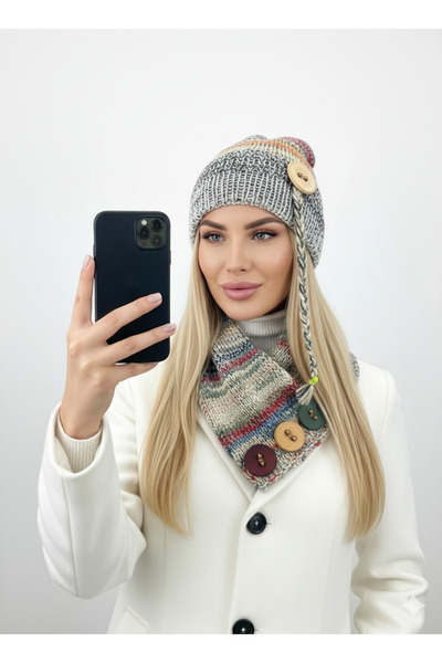 drt tasarım Beige Orange Angora Wooden Buttoned Scarf Beanie Set - Batik