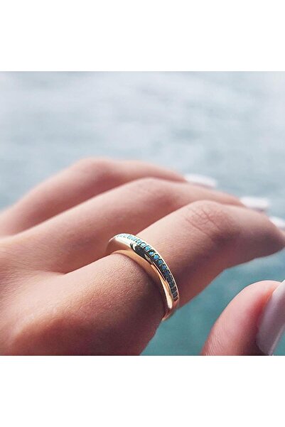 FasekGold Altın Yüzük - 14 Ayar Altın Bombeli Turkuaz Doğal Sıra Taşlı Alyans...