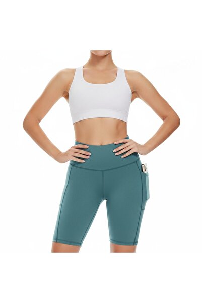 Vitra World Biker Shorts Women With Pockets 8" High Waisted Workout Spandex Tummy Control Gym Running Teal Green