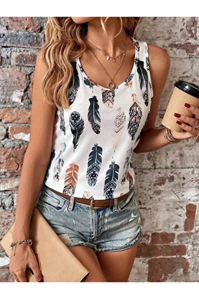 Lady Moss Bluză din jerseu cu imprimeu cu frunze, cu mâneci zero, cu decolteu...