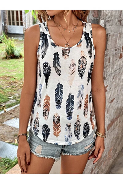 Bijuterria Women's Zero Sleeve V-Neck Leaf Patterned Single Jersey Blouse