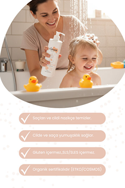 clooe Organik Bebek & Çocuk Saç, Vücut Şampuanı (400ML) - Ph Dengeli, Konak Önleyici