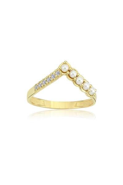 FasekGold İncili Altın Yüzük - 14 Ayar Altın İncili Minimal Kadın Yüzük - Eşe...