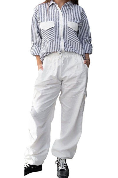 İrem Çocuk Giyim Girl's Oversized Pocket Model Indigo Striped Folded Sleeve S...