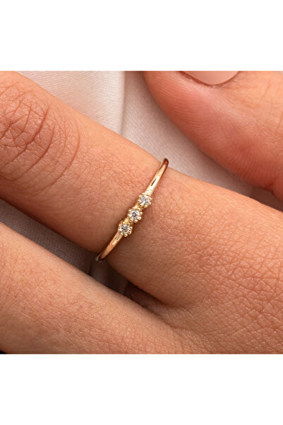 FasekGold Tria Altın Yüzük - 14 Ayar Altın Tria Zirkon Taşlı Minimal Kadın Yü...