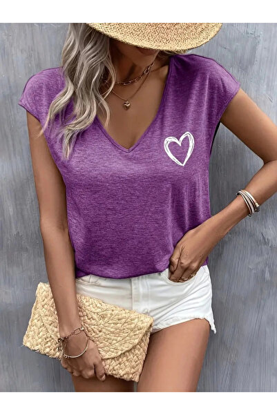 Cbm Women's Short Sleeve V Neck Heart Printed Viscose Blouse