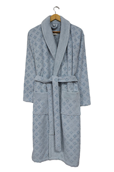 Class Mavi Kadife Pamuklu Jakarlı Şalyaka Erkek Bornoz