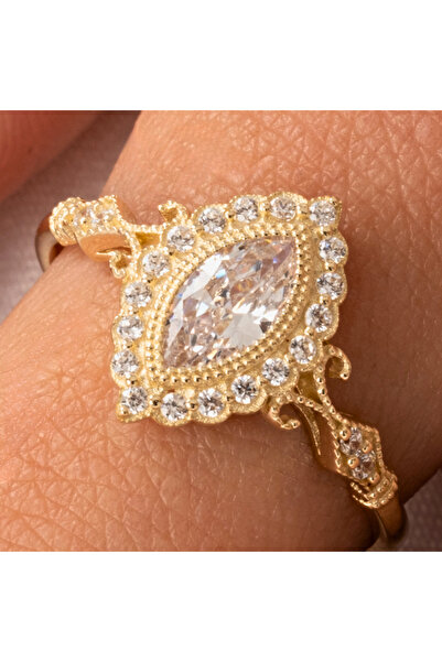 FasekGold Altın Yüzük - 14 Ayar Altın 1.10 Ct Zirkon Taşlı Evlilik Teklifi Yü...