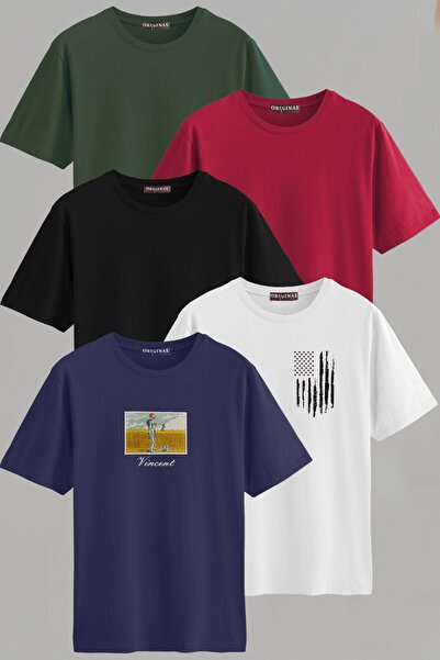 Vien&Karl Ανδρικό μπλουζάκι με μοτίβο-απλό μικτό λεπτή εφαρμογή Crew λαιμόκοψη βαμβακερό ελαστάν 5 τεμαχίων Basic T-shirt