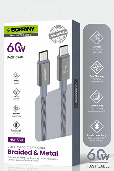 Soffany HM560-012 60W Type-C to Type-C Şarj & Data Kablosu Gri