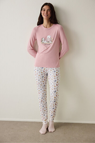 Penti Pembe Tea Party İçecek Desenli Bisiklet Yaka Uzun Kollu Pijama Üstü