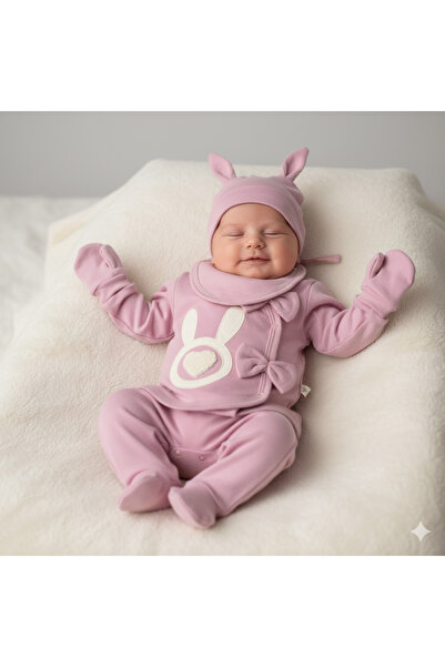 SERDE BABY Kız Bebek Yenidoğan Hastane Çıkışı 1/6 Ay Aplikeli Tavşan 5'li Takım